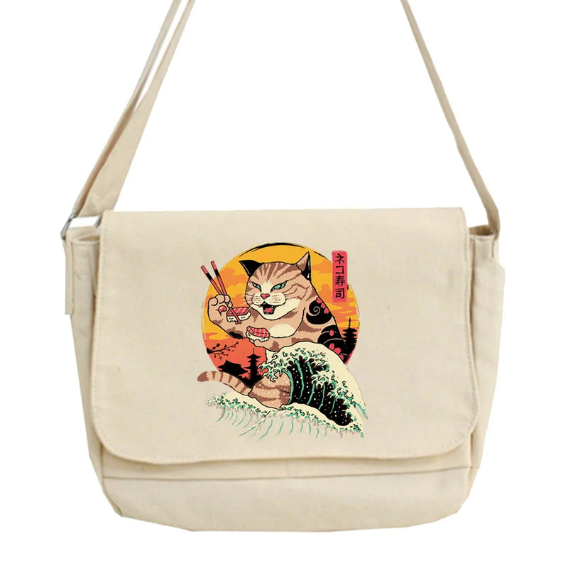 Cat Pattern Messenger Bag Student College Style Harajuku Portable Shoulder Bag