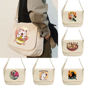 Cat Pattern Messenger Bag Student College Style Harajuku Portable Shoulder Bag