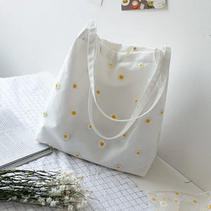 Embroidered Daisies Canvas Bag Women's Shoulder Handbag