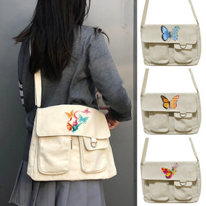 Canvas Butterfly Print Messenger Bag Large Capacity Tote Crossbody