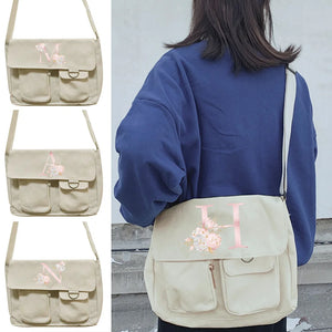 Canvas Messenger Bag Large Capacity Crossbody Pink flower Initial