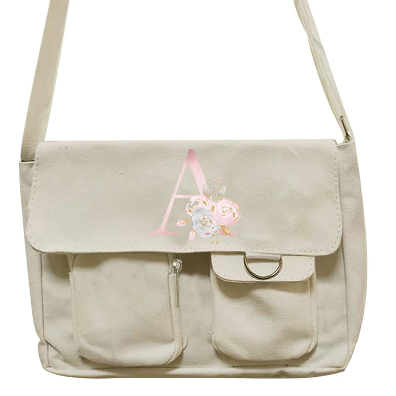 Canvas Messenger Bag Large Capacity Crossbody Pink flower Initial