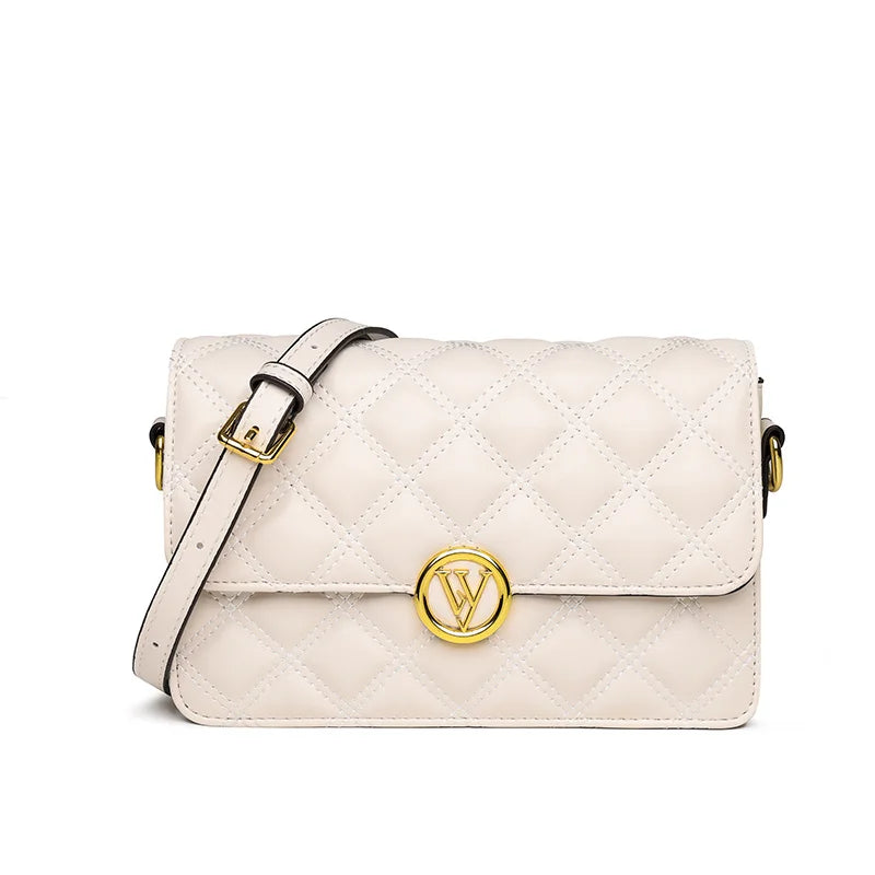 Cowhide Messenger Crossbody Bag Wide Strap Shoulder Bag with Multi-layer Rhombus