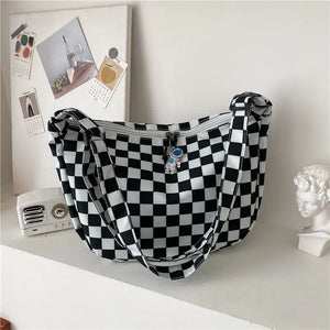 Plaid Shoulder Bag Women Casual Nylon Handbag Travel Shopper Zipper