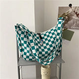 Plaid Shoulder Bag Women Casual Nylon Handbag Travel Shopper Zipper