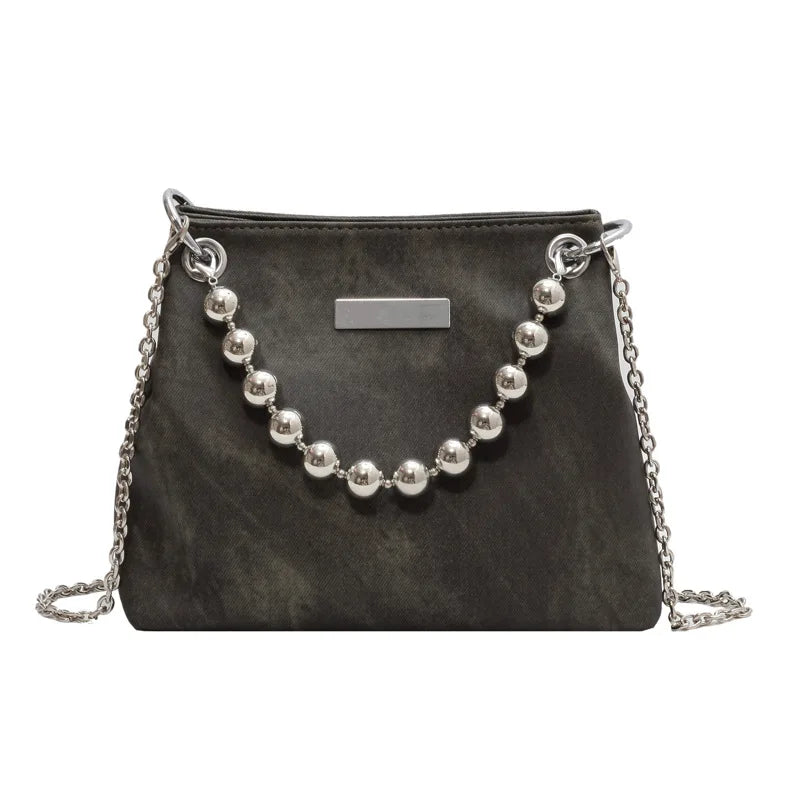 Metal Bead Chain Shoulder Bag Lady Underarm Crossbody Handbag