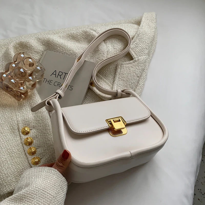 Metal Lock Shoulder Bag Women Leather Crossbody Bag Small Flap Messenger Handbag