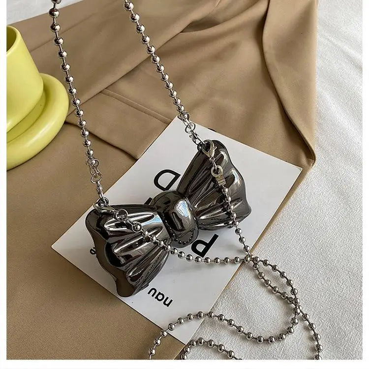Metal Mini Bow Crossbody Bags For Women Silver Shoulder Bag