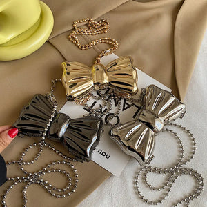 Metal Mini Bow Crossbody Bags For Women Silver Shoulder Bag