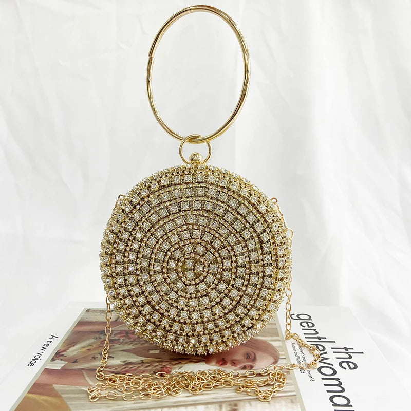 Metal Round Bracelet Evening Bags for Women High Rhinestone Shoulder Bag Purse