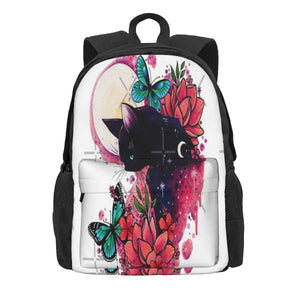 Midnight Cat Watercolor Backpacks Men's Women's Zip Pockets