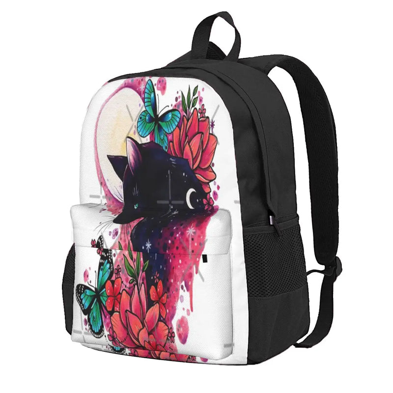 Midnight Cat Watercolor Backpacks Men's Women's Zip Pockets