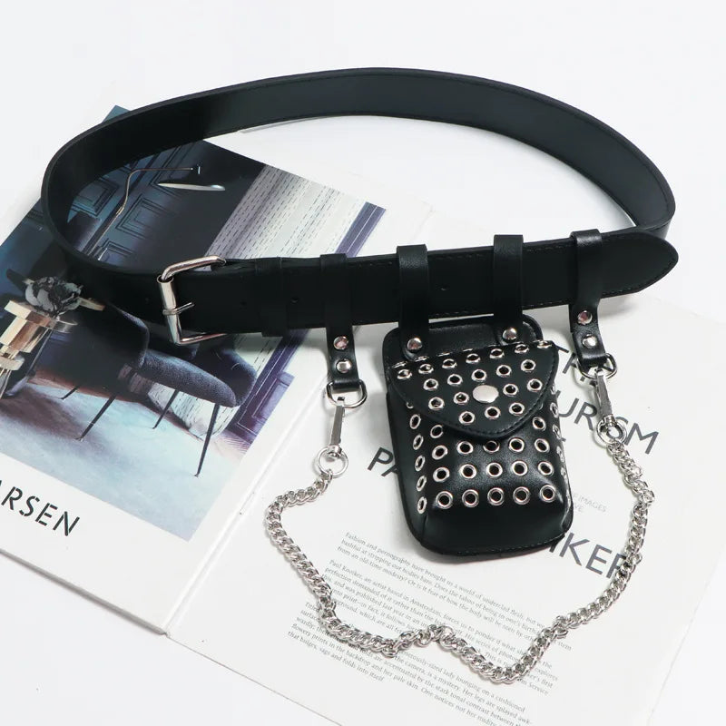 Women PU Leather Mini Bag Hollowed Out Fanny Pack Chain Belt Bags