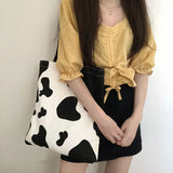 Milk Cow Pattern Women Canvas Handbags Large Capacity Shoulder Bag