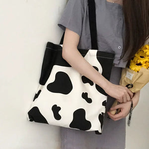 Milk Cow Pattern Women Canvas Handbags Large Capacity Shoulder Bag