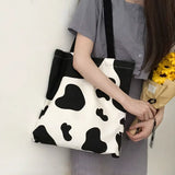 Milk Cow Pattern Women Canvas Handbags Large Capacity Shoulder Bag