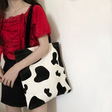 Milk Cow Pattern Women Canvas Handbags Large Capacity Shoulder Bag