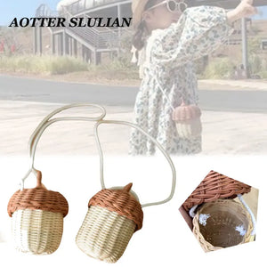 Bamboo Rattan Hand-woven Bag for Girls Acorn-Shaped Storage Basket