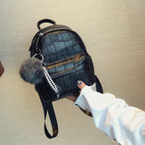 Stone Leather Mini Backpack Women with Hairball