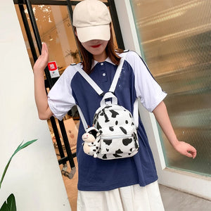Cow Print Mini Canvas Daypack with Plush Pendant Backpack