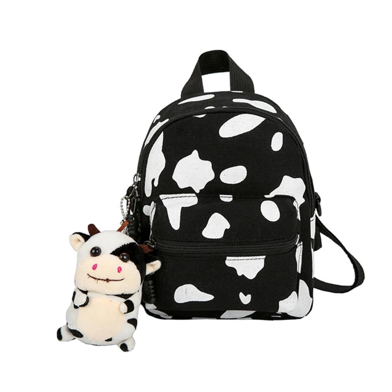 Mini Canvas Daypack with Cow Print Backpack for Women Lady Girls