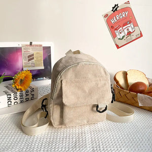Corduroy Mini Backpack Retro Casual Bag Women School Travel Storage