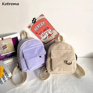 Corduroy Mini Backpack Retro Casual Bag Women School Travel Storage