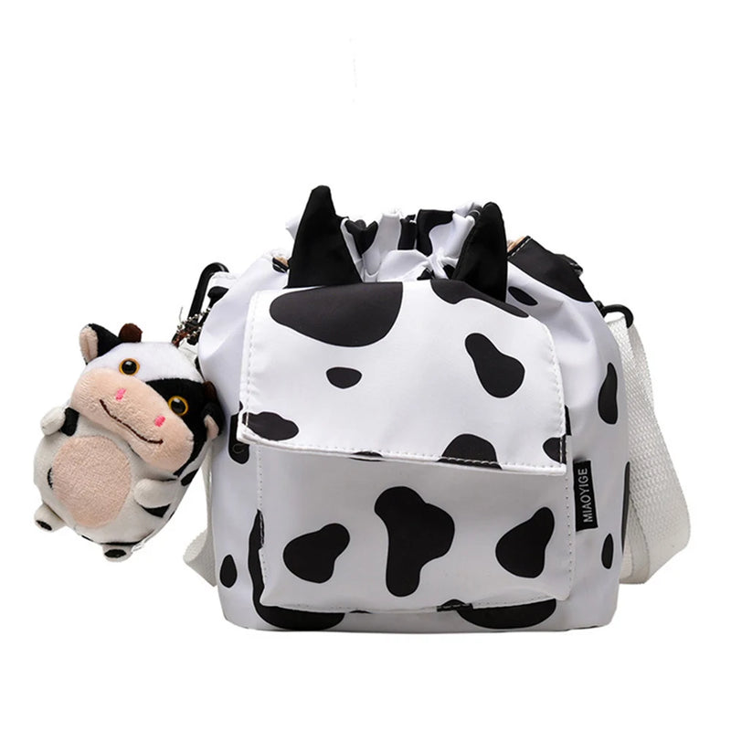 Mini Cow Print Nylon Shoulder Bag Bucket Crossbody Bags For Girls