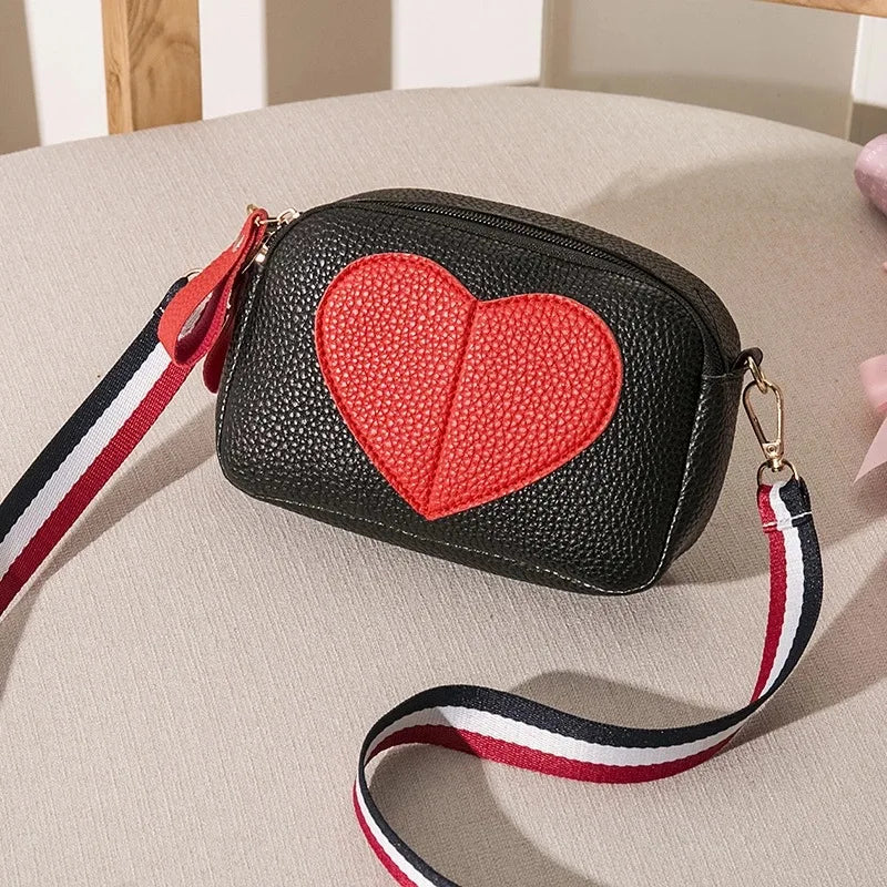 Lychee Leather Crossbody Bag Small Ladies Phone Heart-Shaped Shoulder Studen Pur