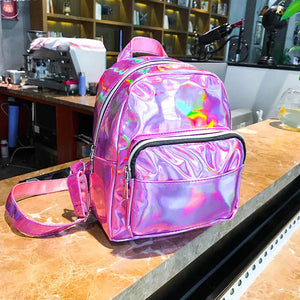 Mini Ladies Leather Hologram Backpack School Silver Small Backpack