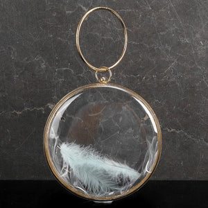 Mini Circular Acrylic Feather Evening Bag Metal Ring Crossbody Chain Handbag
