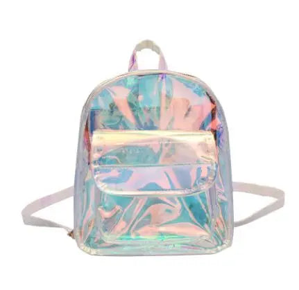 Silver Laser Backpack Women Girls Shoulder Bag PU Leather Holographic Backpack