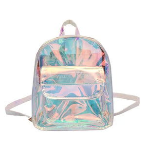 Silver Laser Backpack Women Girls Shoulder Bag PU Leather Holographic Backpack