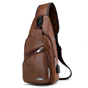 USB Interface Men's Sling Bag Travel Pack PU Leather Chest Bag
