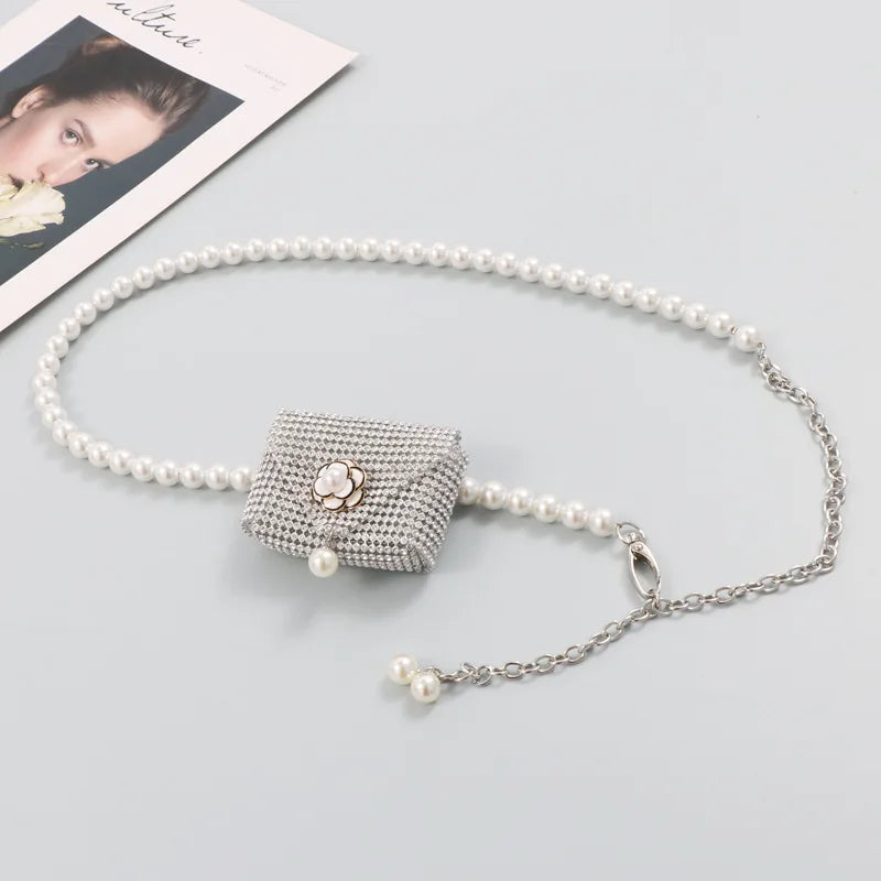 Diamond Pearl Mini Waist Bag Flower Small Chain Lady Belt Bag