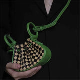 Checkerboard Mini Handbag Drawstr Crossbody Purse for Women