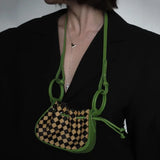 Checkerboard Mini Handbag Drawstr Crossbody Purse for Women