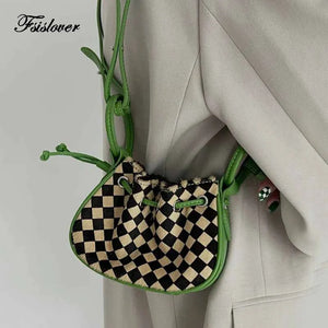 Checkerboard Mini Handbag Drawstr Crossbody Purse for Women