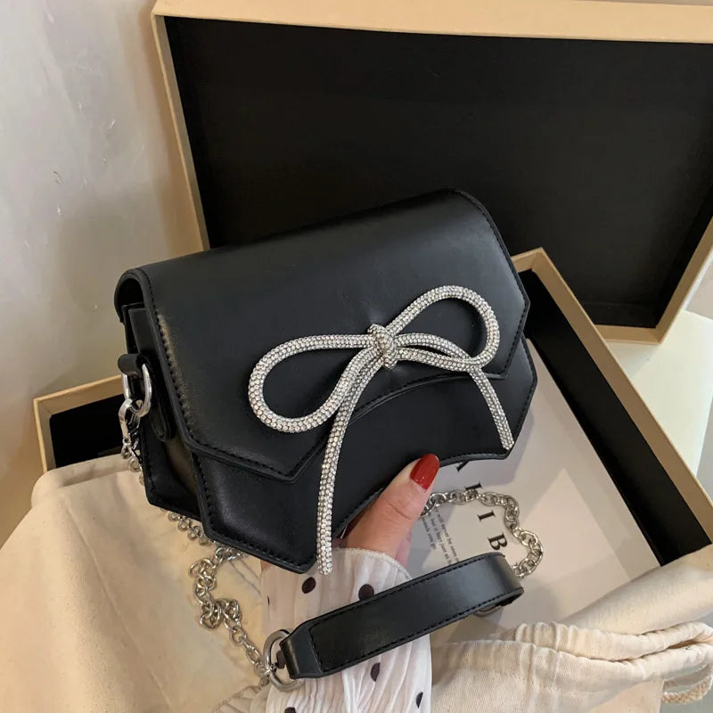 Rhinestone Bow Mini Messenger Bag Chain Shoulder Handbag