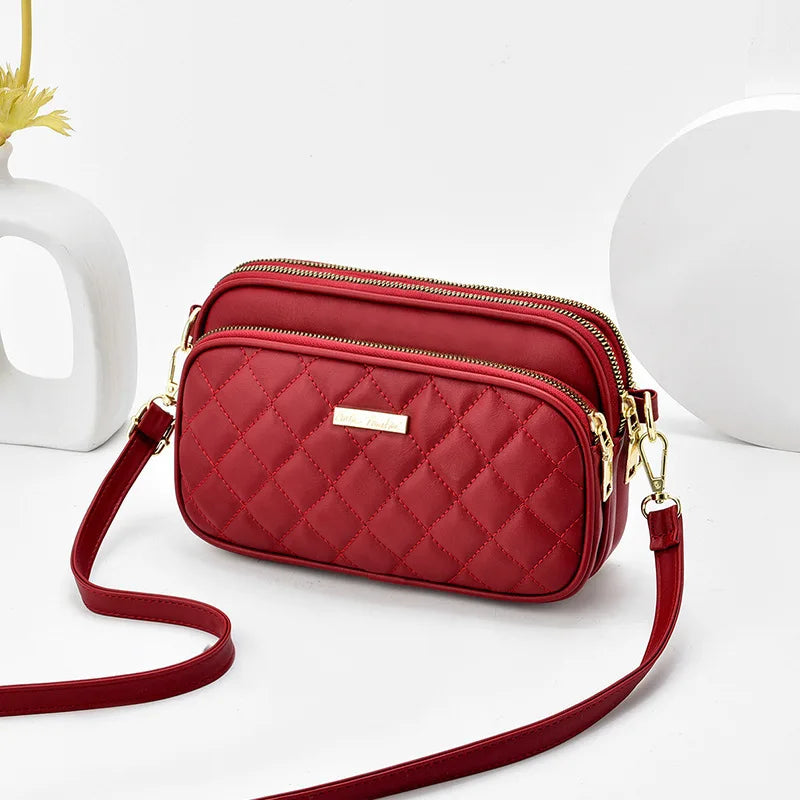 Mini 3-Layer Shoulder Bags For Women Solid Pu Leather Crossbody Phone Purse