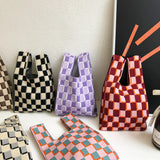 Knitted Checkerboard Mini Women Purse Handbag Tote Bag
