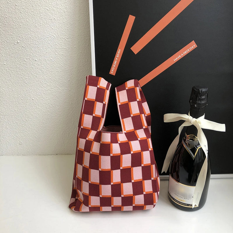 Knitted Checkerboard Mini Women Purse Handbag Tote Bag