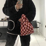 Knitted Checkerboard Mini Women Purse Handbag Tote Bag