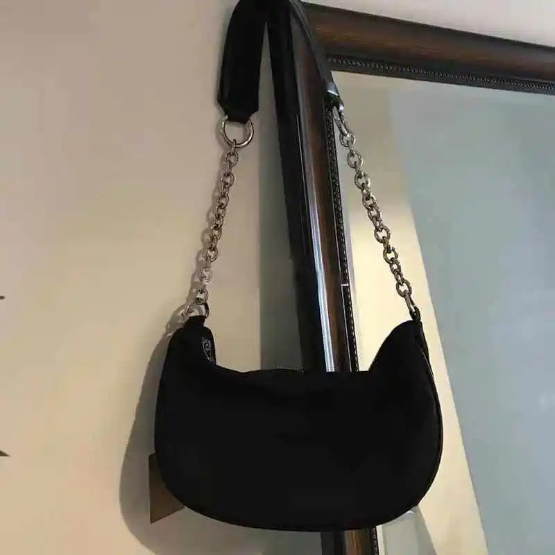 Minimalist Shoulder Bag Women Underarm Zipper Chain Nylon Bag