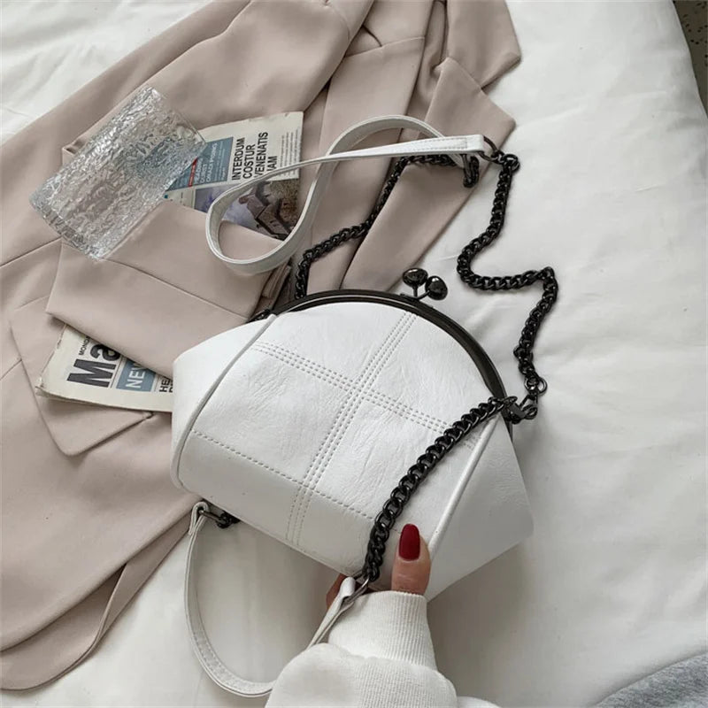 Minimalist PU Leather Shoulder Bag with Chains Crossbody Messenger Lady Handbag