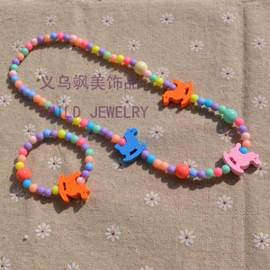 Sweet Girl's Cartoon Jewelry Set: Wooden Necklace & Bracelet