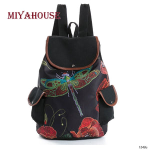 Miyahouse Dragonfly Floral Print Canvas Backpack for Teenage Girls