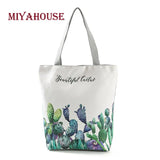 Miyahouse Fresh Canvas Tote Bag Green Cactus Print Shoulder Bag