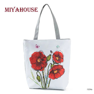 Miyahouse Red Poppy Printed Beach Handbag Women Canvas Tote