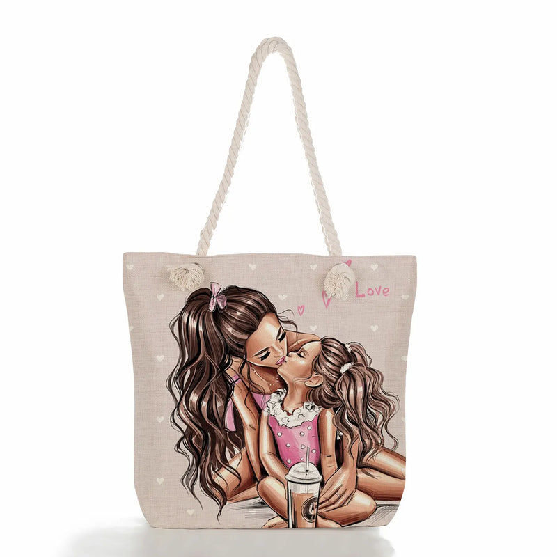 Mom and Baby Folding Tote Bag Cartoon Mama Print Handbag